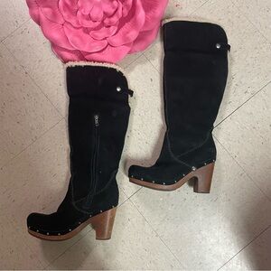 UGG LILLIAN Tall Black Suede‎ Leather/Sheepskin Boots Studded Stacked Heel